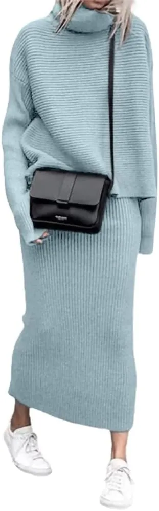 loveimgs Women's 2 Piece Outfits Ribbed Knit Long Sleeve Turtleneck Midi Pencil Skirt Set Casual Two Piece Dress