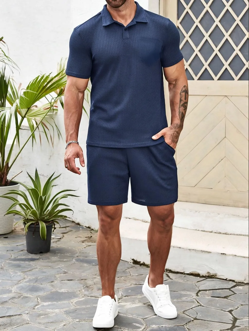 Men's 2 piece Casual outfit's Waffle Knit polo shirt's and short's set summer two pieces knitted sets