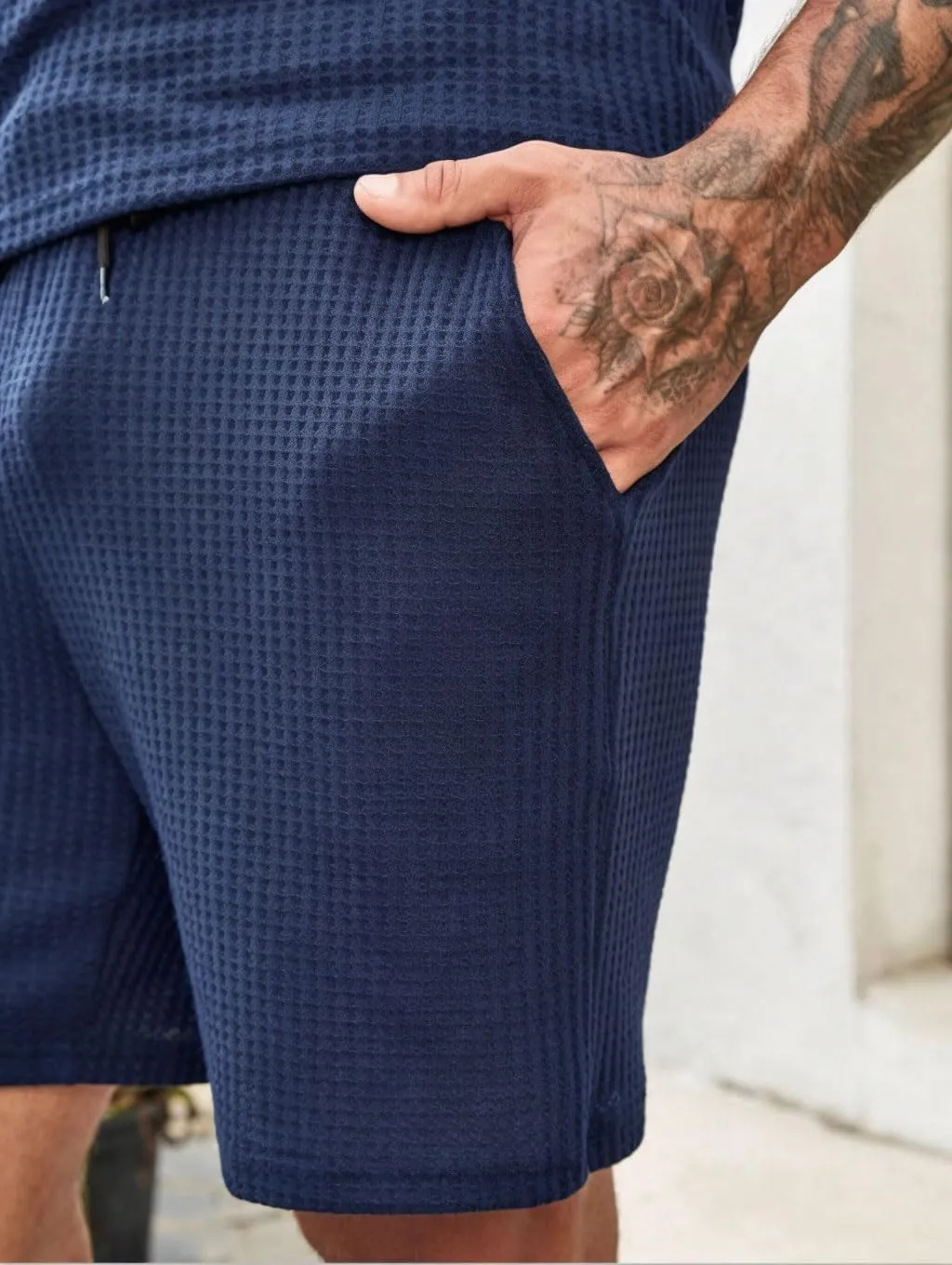 Men's 2 piece Casual outfit's Waffle Knit polo shirt's and short's set summer two pieces knitted sets