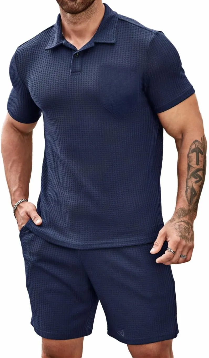 Men's 2 piece Casual outfit's Waffle Knit polo shirt's and short's set summer two pieces knitted sets