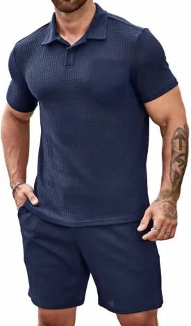 Men's 2 piece Casual outfit's Waffle Knit polo shirt's and short's set summer two pieces knitted sets