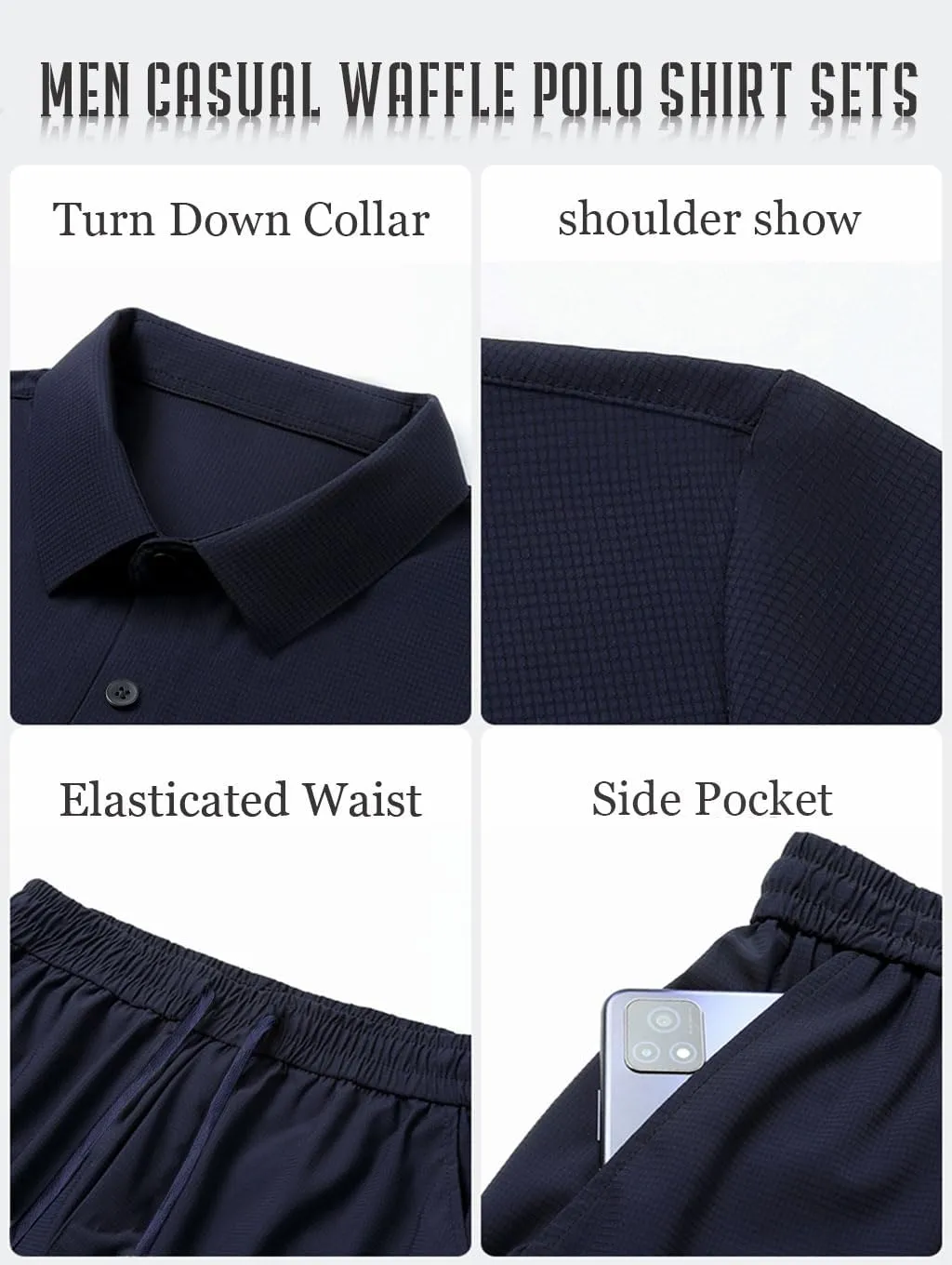 Men's 2 piece Casual outfit's Waffle Knit polo shirt's and short's set summer two pieces knitted sets