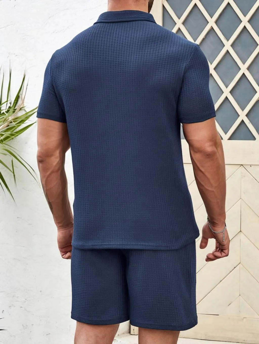 Men's 2 piece Casual outfit's Waffle Knit polo shirt's and short's set summer two pieces knitted sets
