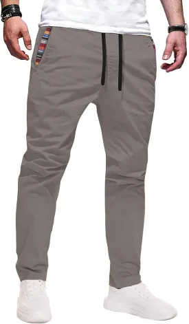 Mens Casual Pants Cotton Twill Straight-Fit Pants Drawstring Elastic Waist Chino Pants with Pockets