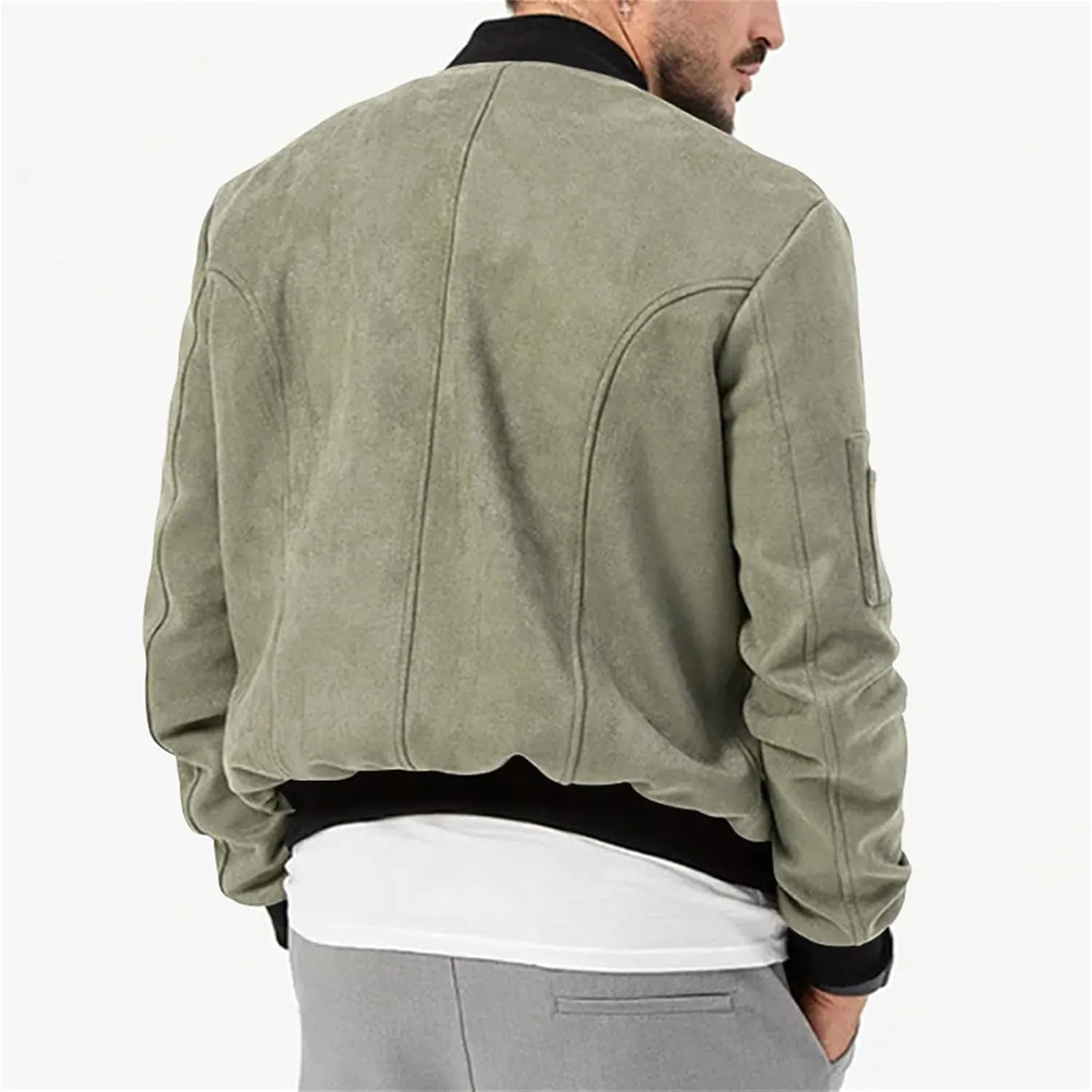Men's Casual Suede Bomber Jacket Lightweight Snap Button Down Jackets Vintage Faux Leather Jacket for Men