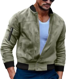 Men's Casual Suede Bomber Jacket Lightweight Snap Button Down Jackets Vintage Faux Leather Jacket for Men