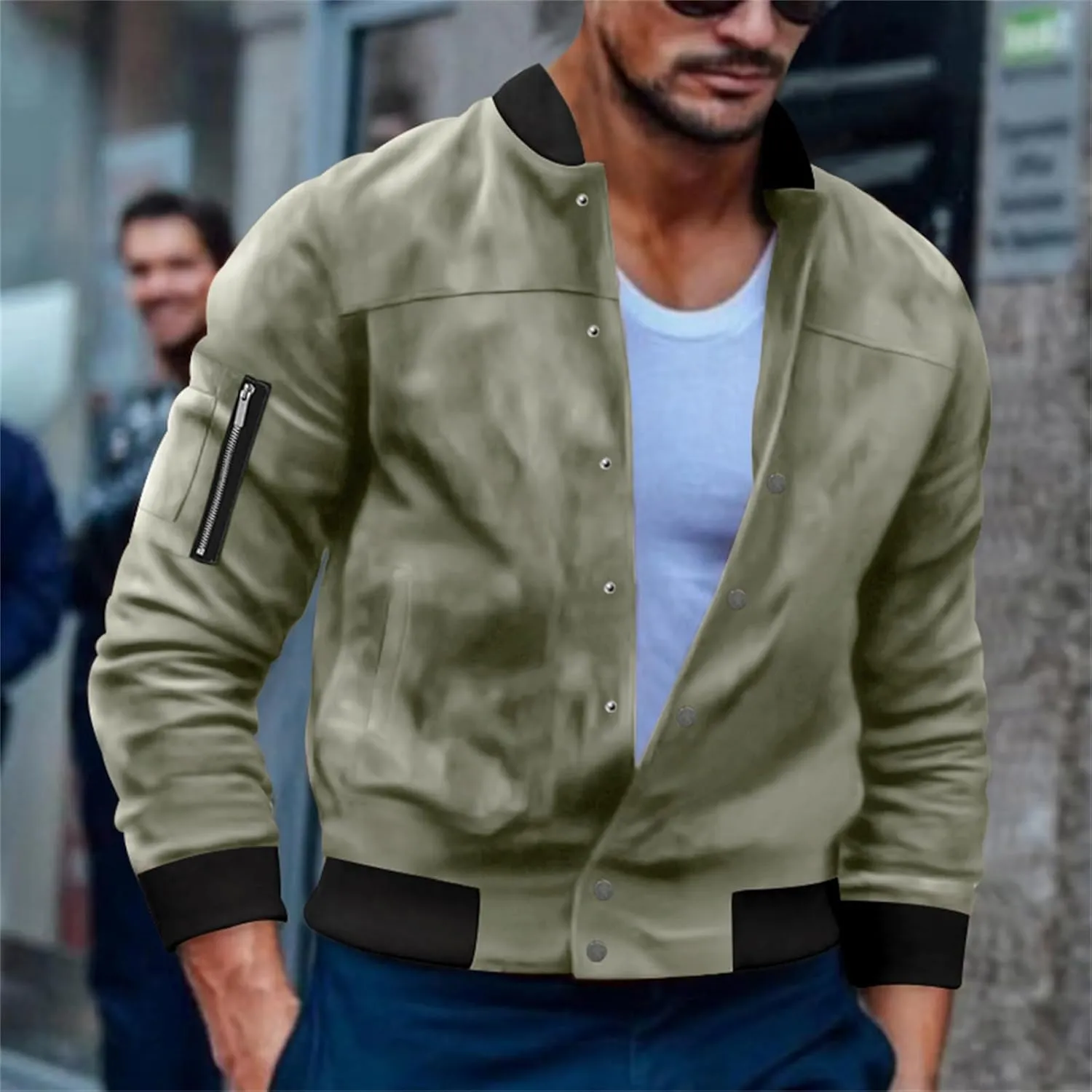 Men's Casual Suede Bomber Jacket Lightweight Snap Button Down Jackets Vintage Faux Leather Jacket for Men