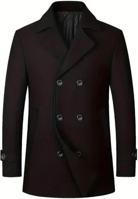 Mens Classic Wool Blend Trench Peacoat with Double Breasted, Notched Collar, Mid Long Length Overcoat, Warm Top
