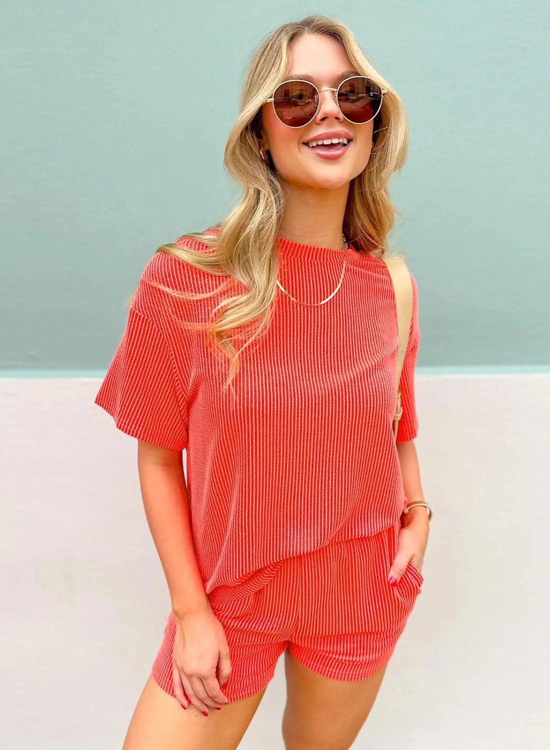 miduo Womens 2 Piece Sets Ribbed Textured Knit Casual Short Sleeve Shirts Shorts Two Piece Lounge Matching Set
