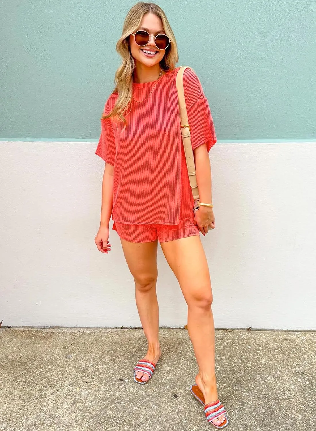miduo Womens 2 Piece Sets Ribbed Textured Knit Casual Short Sleeve Shirts Shorts Two Piece Lounge Matching Set