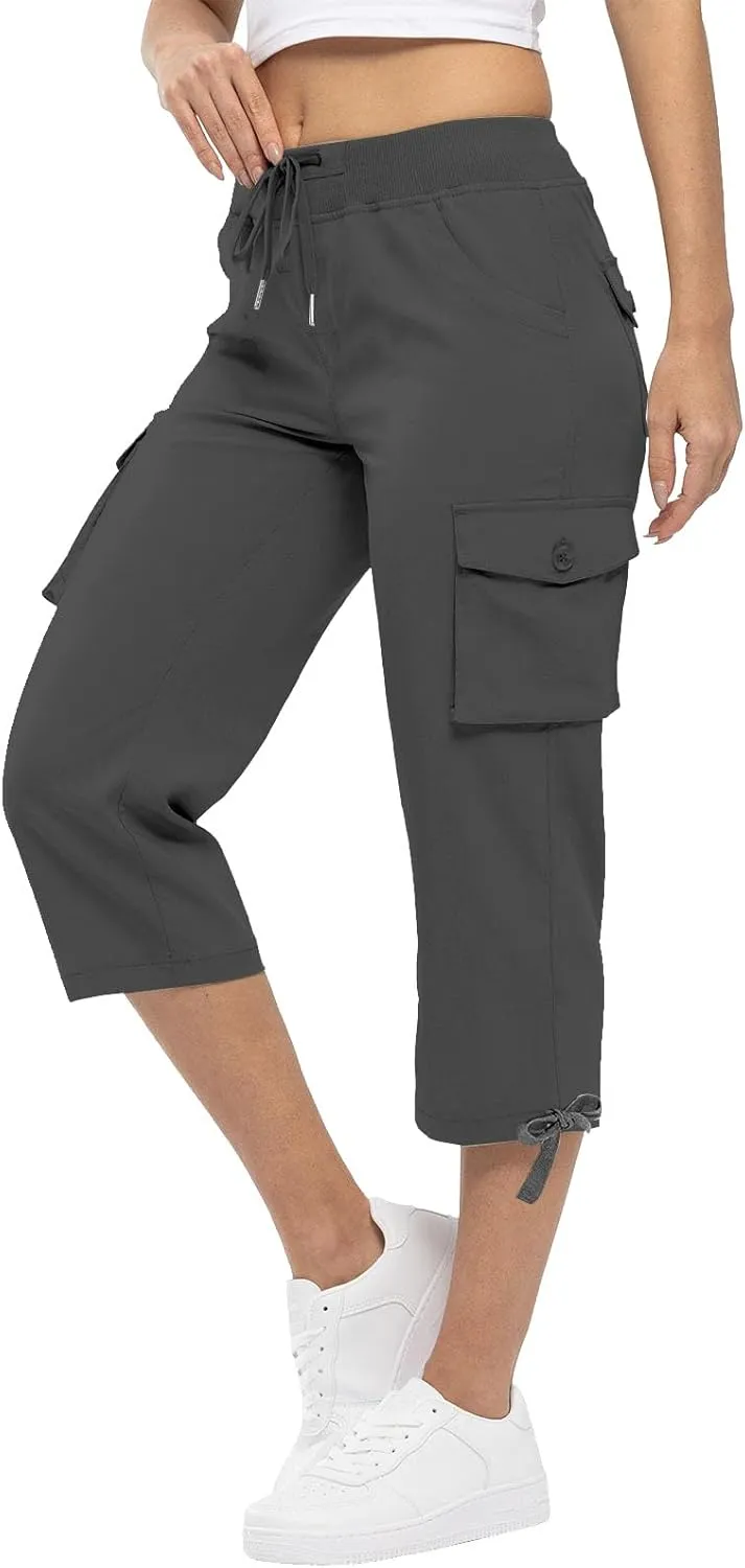 Oplxuo Cargo Pants for Women Loose Fit High Waisted Hiking Capri Pants Lightweight Drawstring Comfy Trousers with Pockets