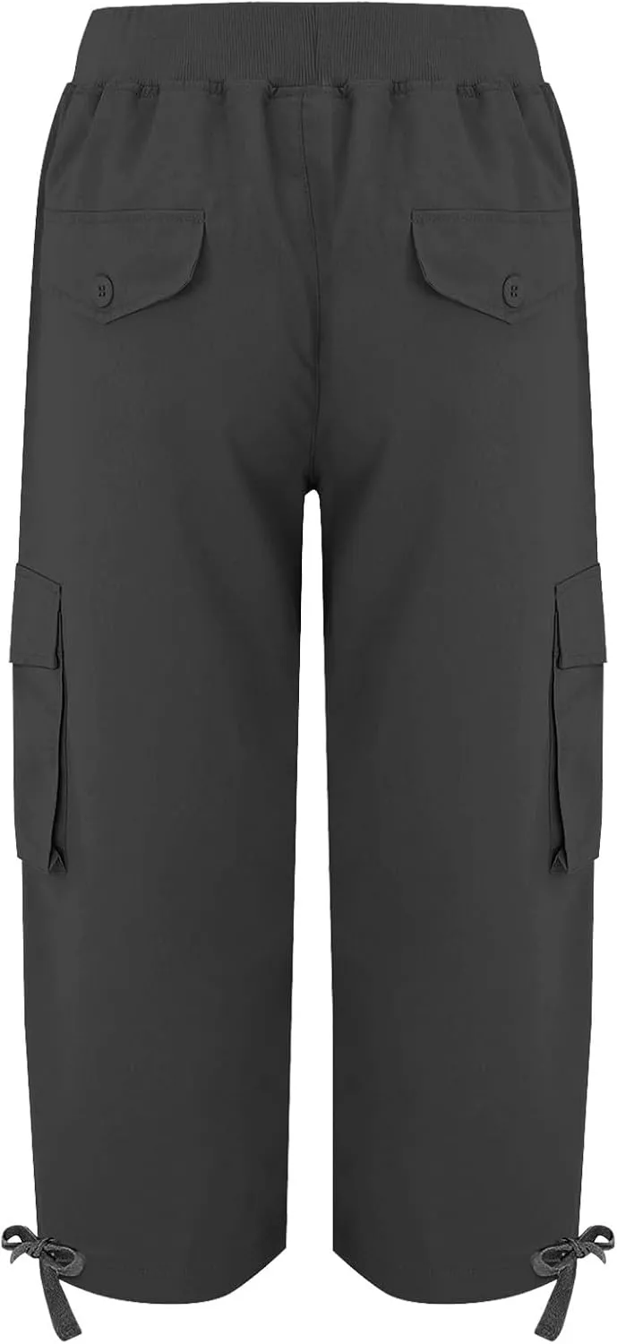 Oplxuo Cargo Pants for Women Loose Fit High Waisted Hiking Capri Pants Lightweight Drawstring Comfy Trousers with Pockets