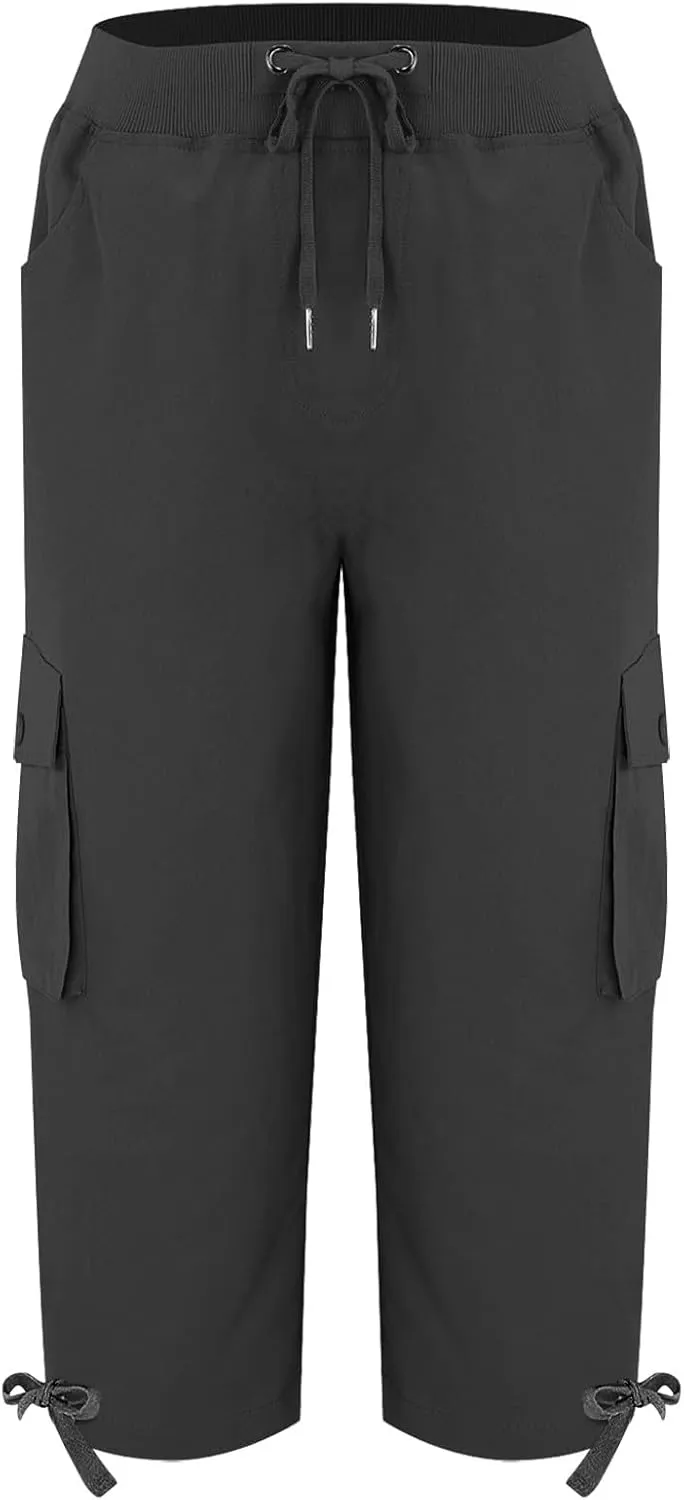Oplxuo Cargo Pants for Women Loose Fit High Waisted Hiking Capri Pants Lightweight Drawstring Comfy Trousers with Pockets