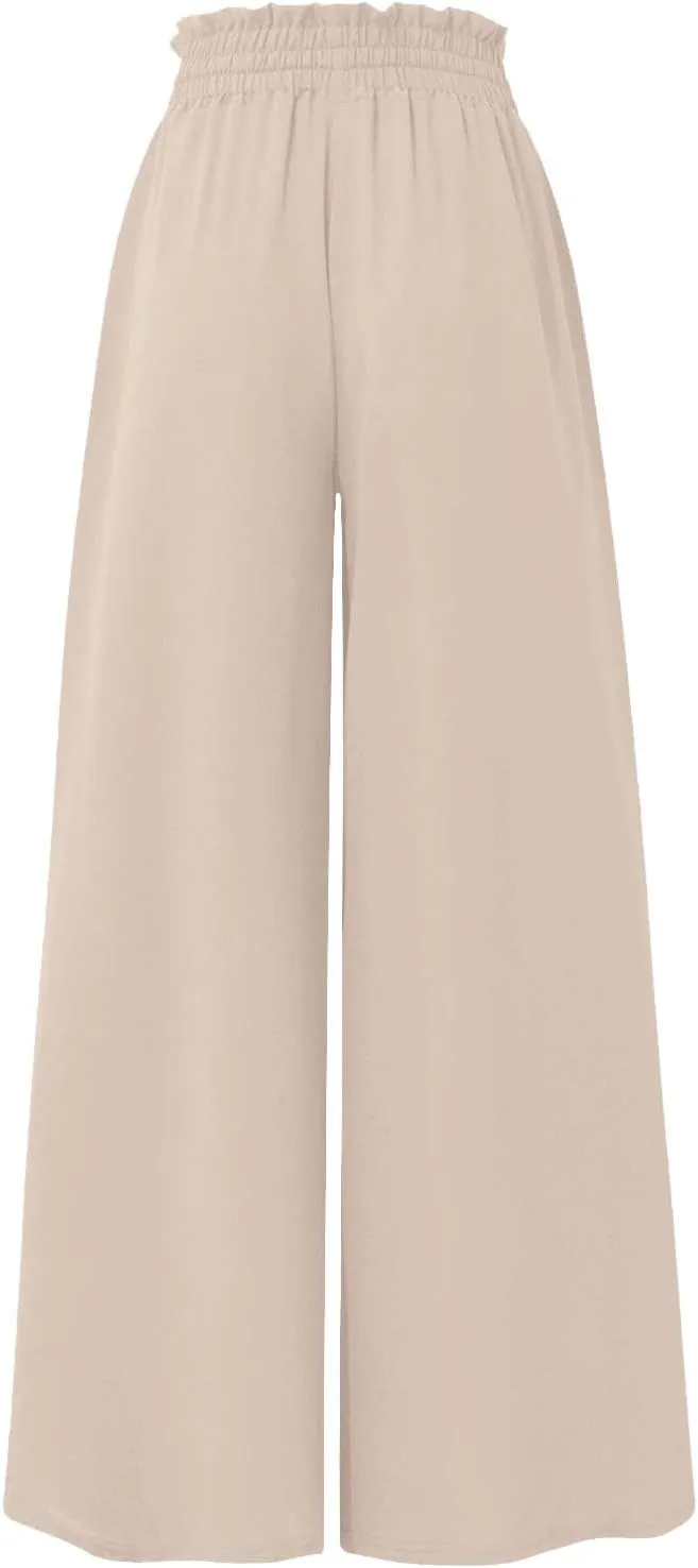 Palazzo Pants for Women Baggy Chiffon Skirt Pants Flowy Culottes Pants High Waisted Paper Bag Beach Pants with Pockets