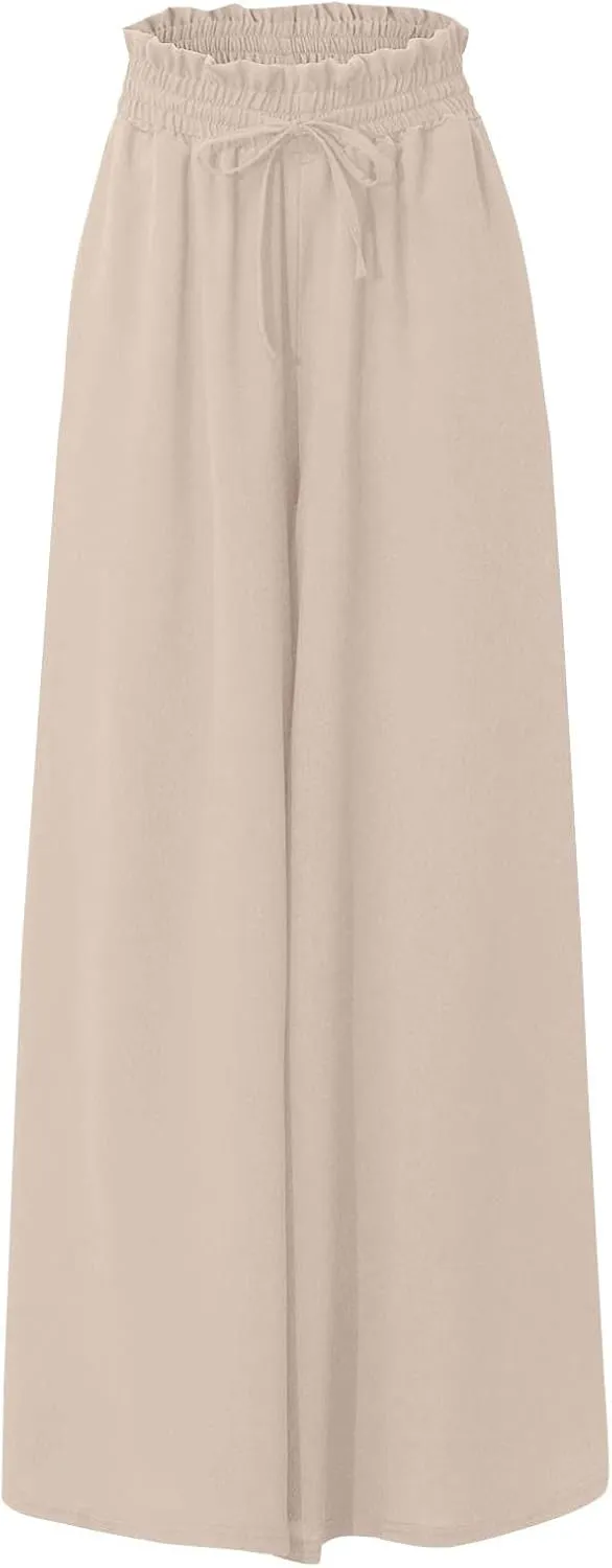 Palazzo Pants for Women Baggy Chiffon Skirt Pants Flowy Culottes Pants High Waisted Paper Bag Beach Pants with Pockets