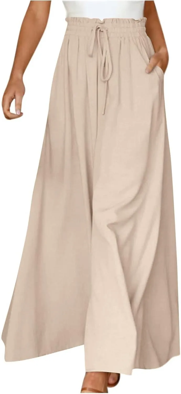 Palazzo Pants for Women Baggy Chiffon Skirt Pants Flowy Culottes Pants High Waisted Paper Bag Beach Pants with Pockets