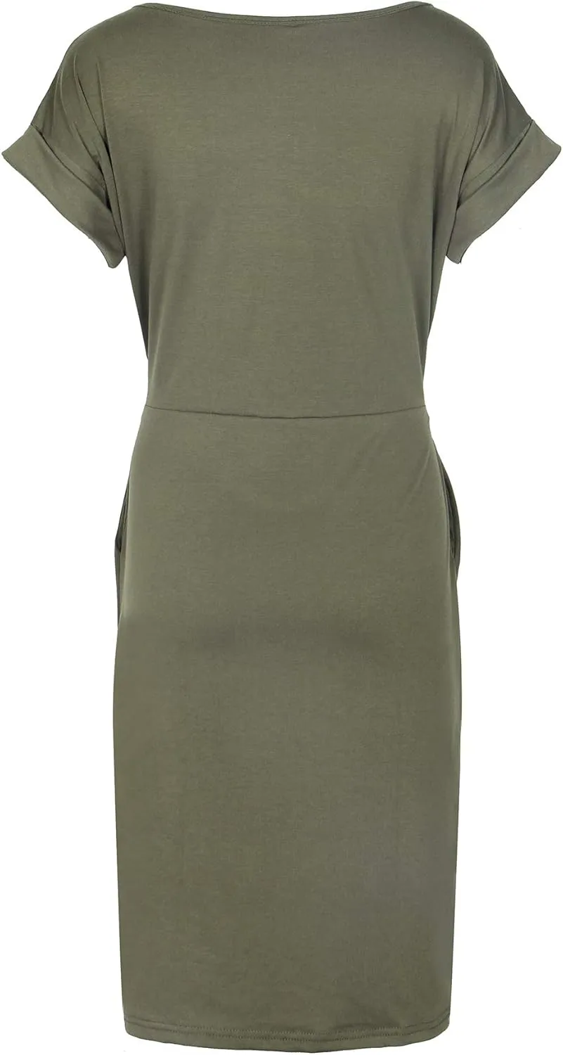 PALINDA Women's Striped Elegant Short Sleeve Wear to Work Casual Pencil Dress with Belt