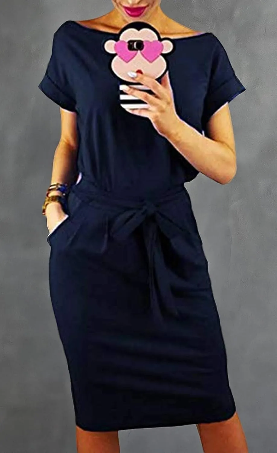 PALINDA Women's Striped Elegant Short Sleeve Wear to Work Casual Pencil Dress with Belt