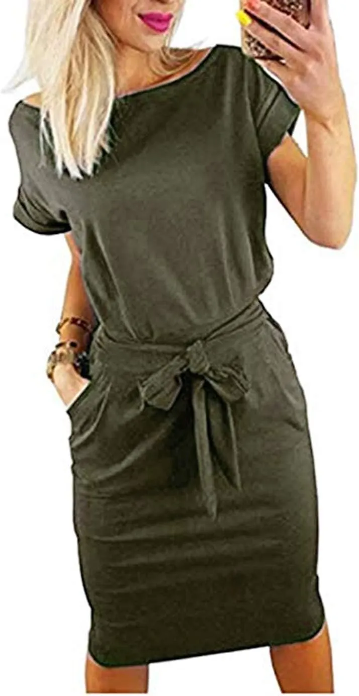 PALINDA Women's Striped Elegant Short Sleeve Wear to Work Casual Pencil Dress with Belt