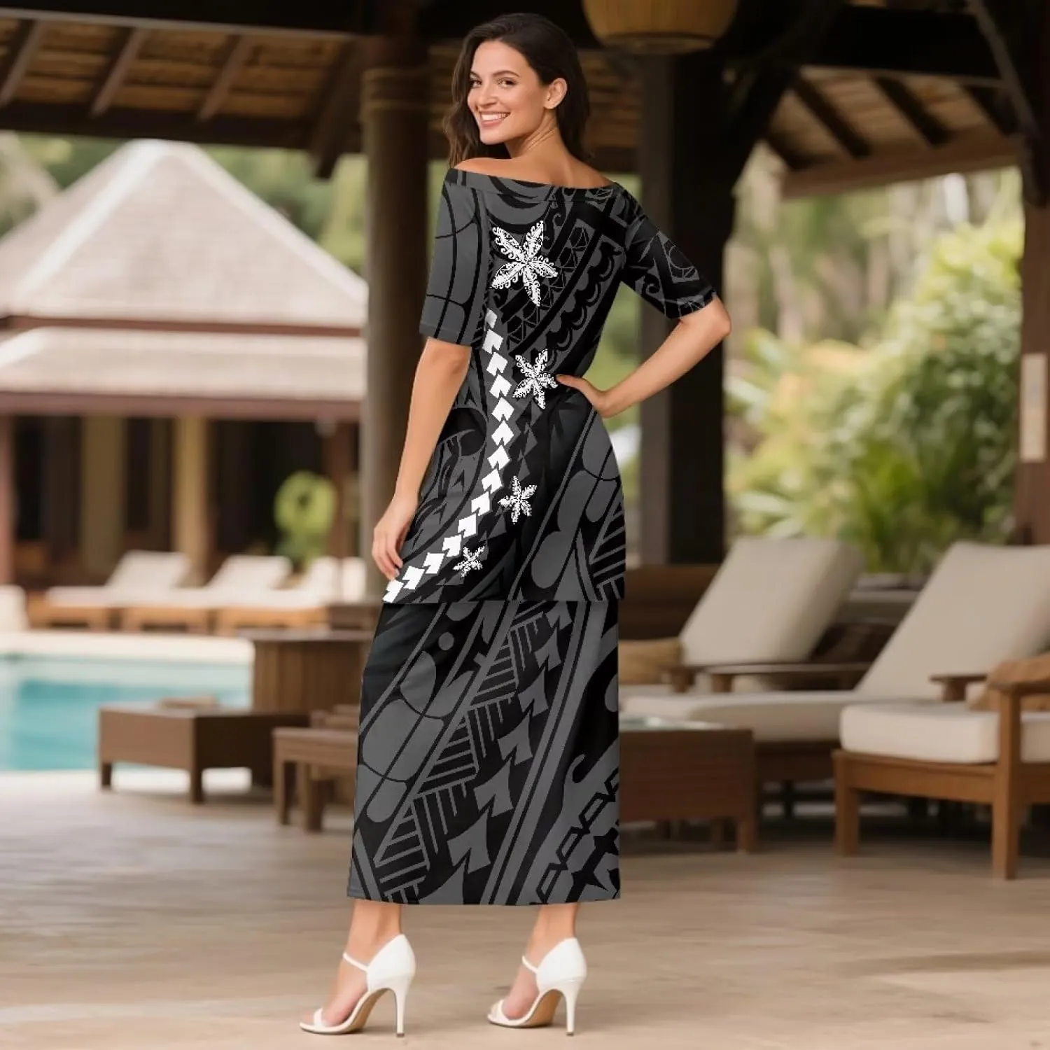 Puletasi Polynesian Tribal Clothing Plus Size Crew Neck Two Piece Set Off Shoulder Long Dress Top Skirts Outfits