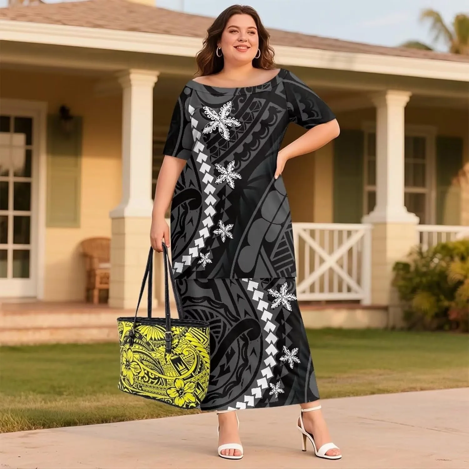 Puletasi Polynesian Tribal Clothing Plus Size Crew Neck Two Piece Set Off Shoulder Long Dress Top Skirts Outfits