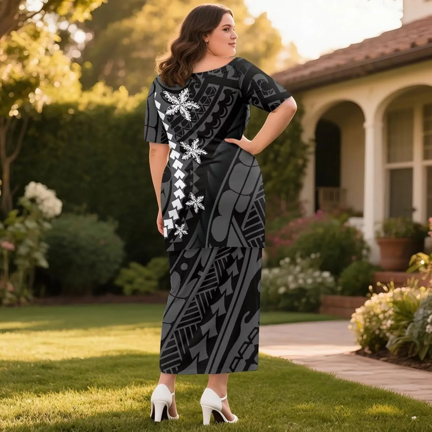 Puletasi Polynesian Tribal Clothing Plus Size Crew Neck Two Piece Set Off Shoulder Long Dress Top Skirts Outfits