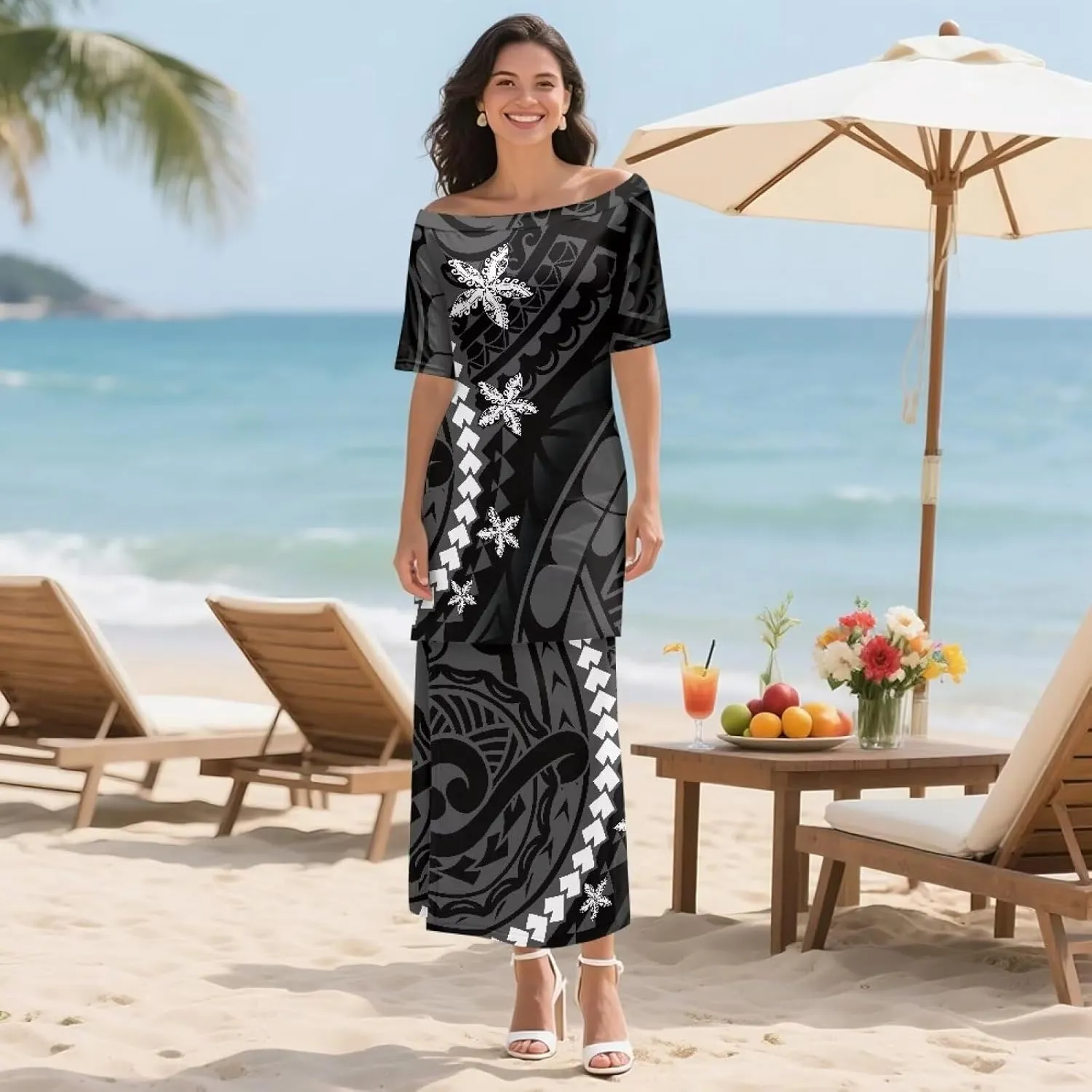 Puletasi Polynesian Tribal Clothing Plus Size Crew Neck Two Piece Set Off Shoulder Long Dress Top Skirts Outfits