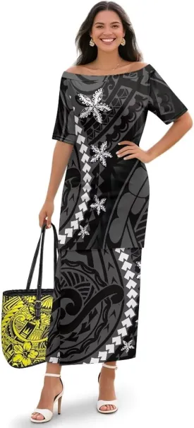 Puletasi Polynesian Tribal Clothing Plus Size Crew Neck Two Piece Set Off Shoulder Long Dress Top Skirts Outfits