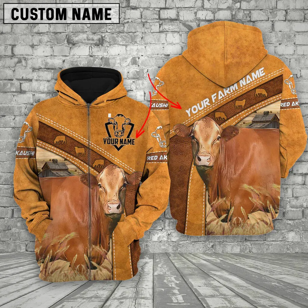 Red Akaushi Zip Up Hoodie, Custom Name Farm Hoodie 3D All Over Print For Men And Women, Farm Outfit