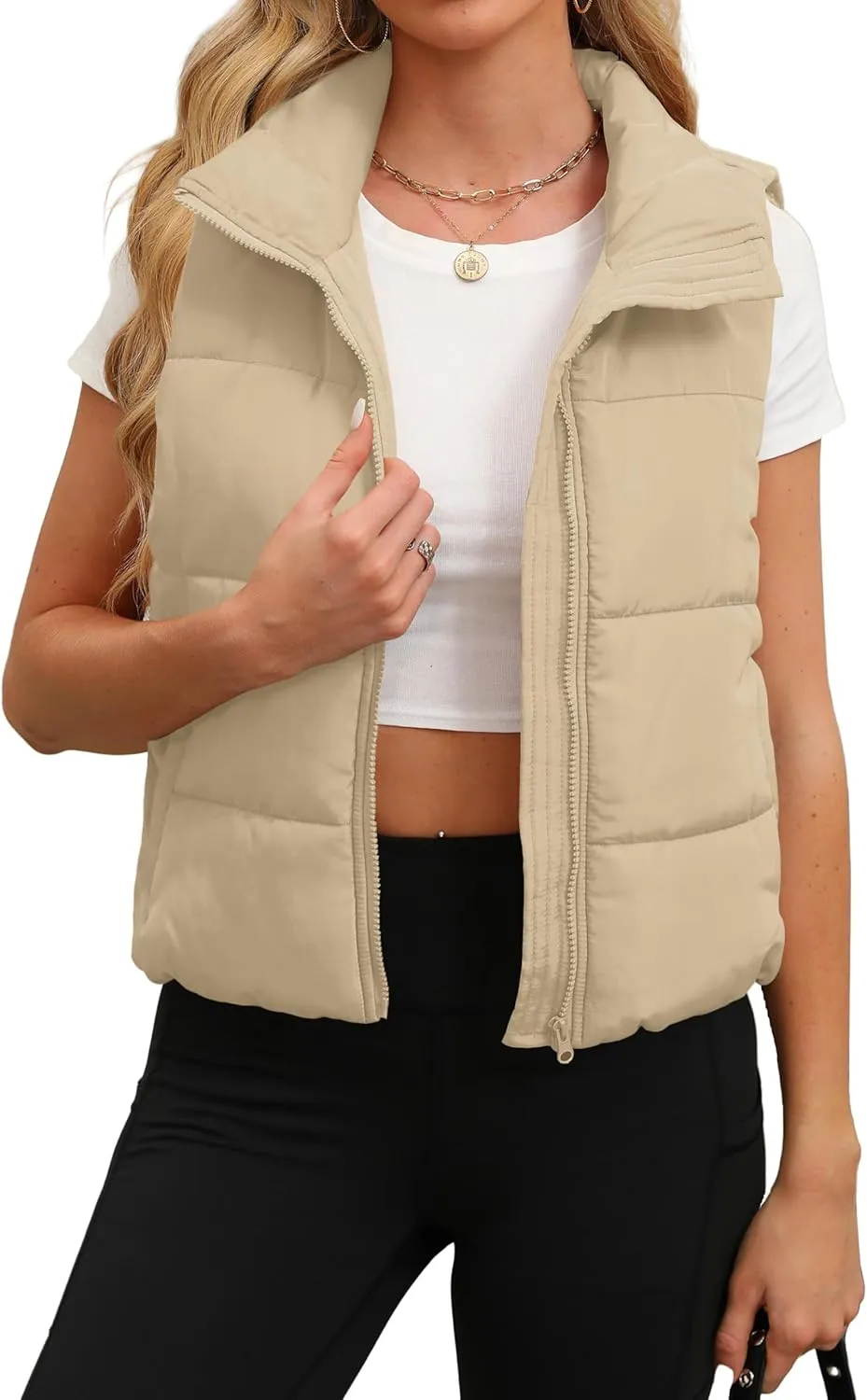 SAMPEEL Puffer Vest Women Cropped Stand Collar Lightweight Padded Outerwear Fall Winter Clothes Warm Zip Up with Pockets