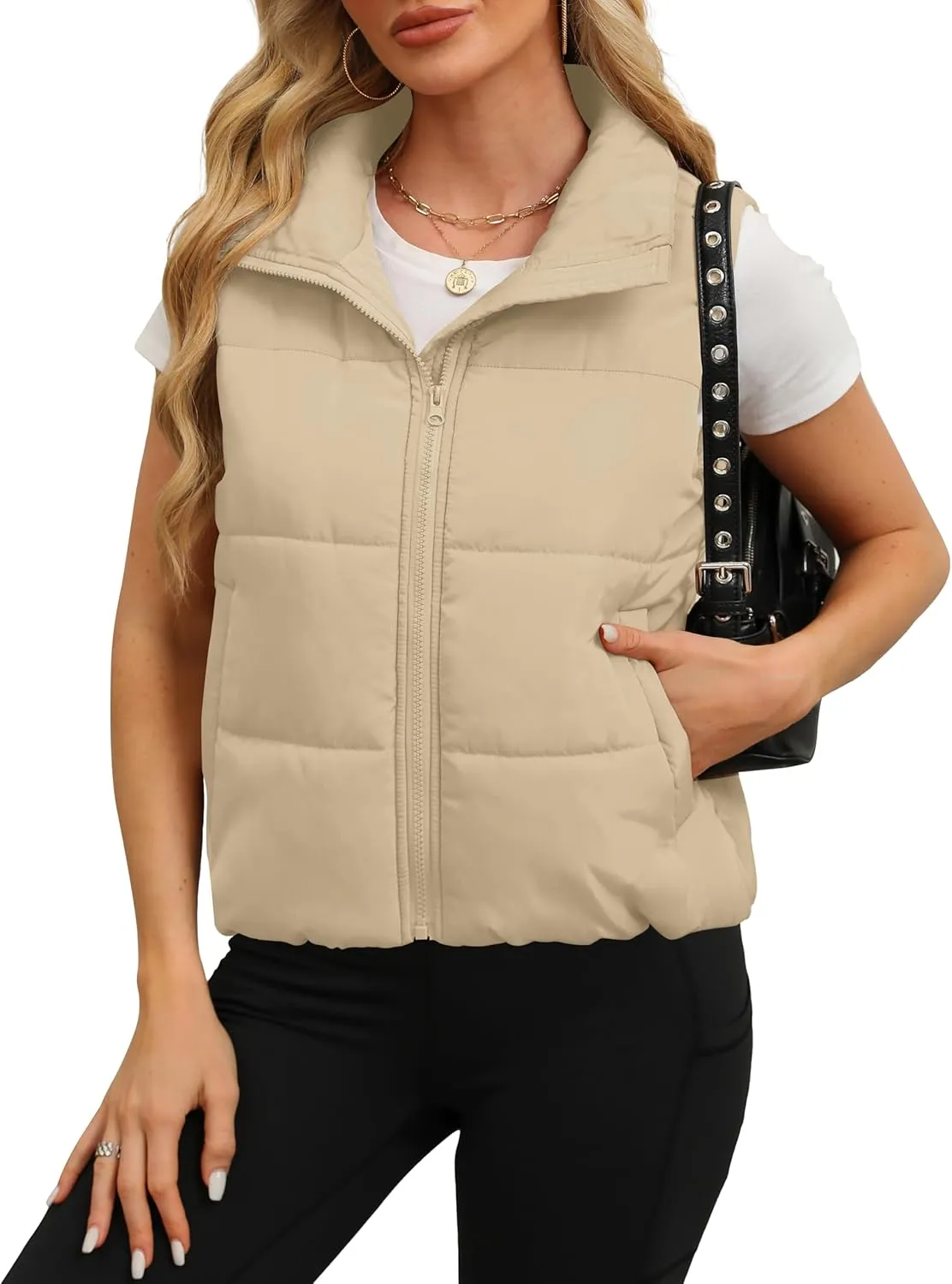 SAMPEEL Puffer Vest Women Cropped Stand Collar Lightweight Padded Outerwear Fall Winter Clothes Warm Zip Up with Pockets