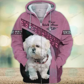 Shih Tzu Love White Pink Never Walk Alone 3D Full Print Shirts 1269, Christmas Dog Memorial Gifts for loss of Dog