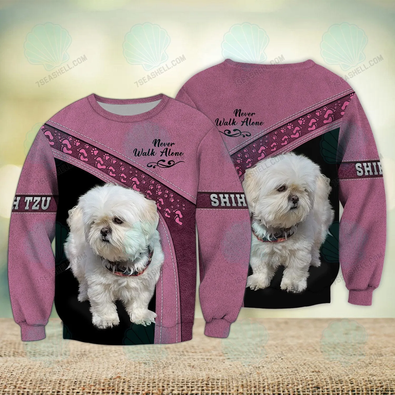 Shih Tzu Love White Pink Never Walk Alone 3D Full Print Shirts 1269, Christmas Dog Memorial Gifts for loss of Dog