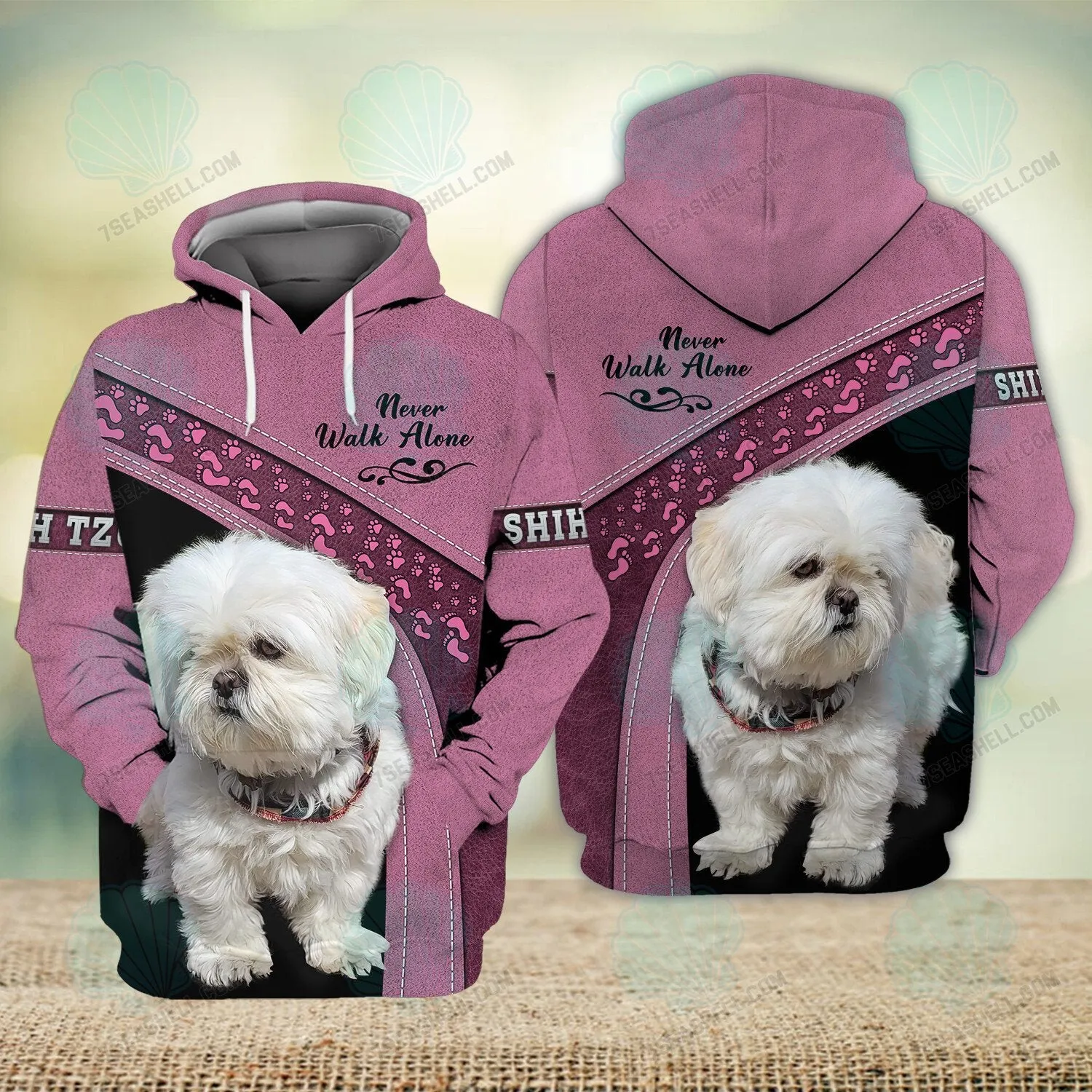 Shih Tzu Love White Pink Never Walk Alone 3D Full Print Shirts 1269, Christmas Dog Memorial Gifts for loss of Dog