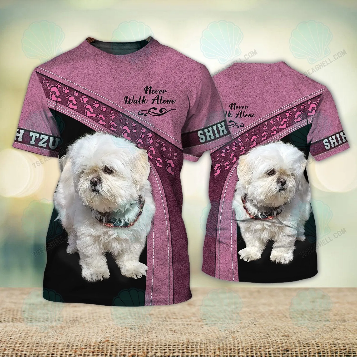Shih Tzu Love White Pink Never Walk Alone 3D Full Print Shirts 1269, Christmas Dog Memorial Gifts for loss of Dog