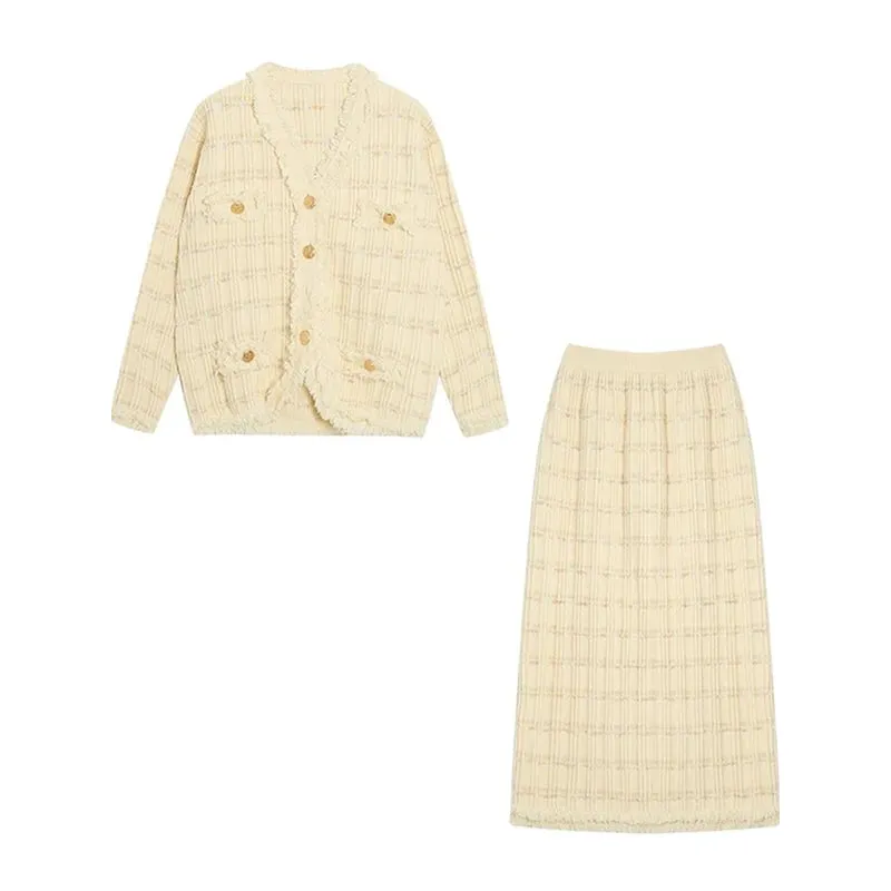 Toleet-Winter Outfits Christmas Black Friday Women's two-piece Dress Skirt set Women's Tweed Jacket Skirts Suit Spring Autumn Long Sleeve Button Coat Elegant 2 Piece Set