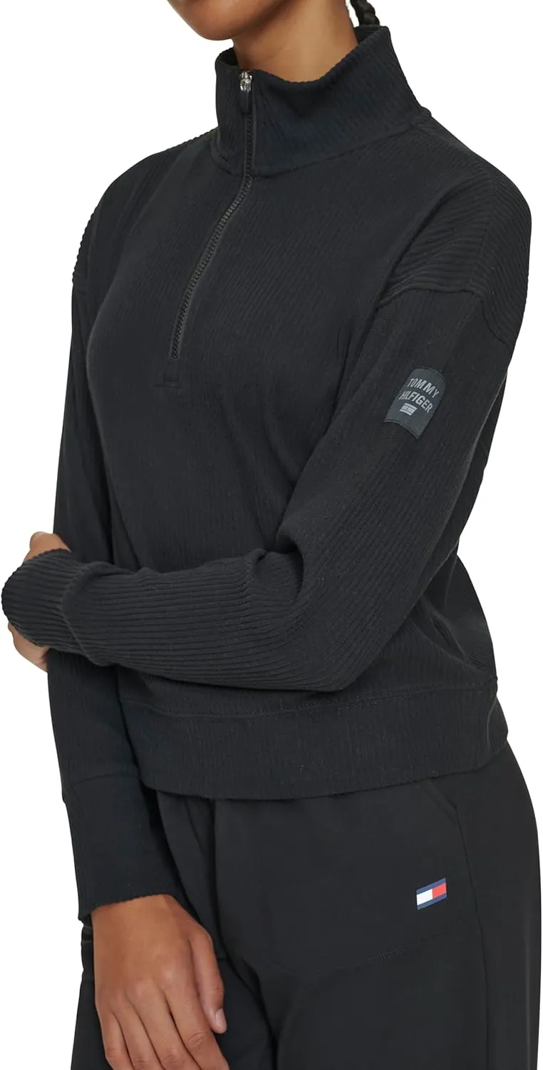Tommy Hilfiger Women's Thumbhole Cuffs Stand Collar with Half Zip Detail Brushed Rib Mock Neck Pullover