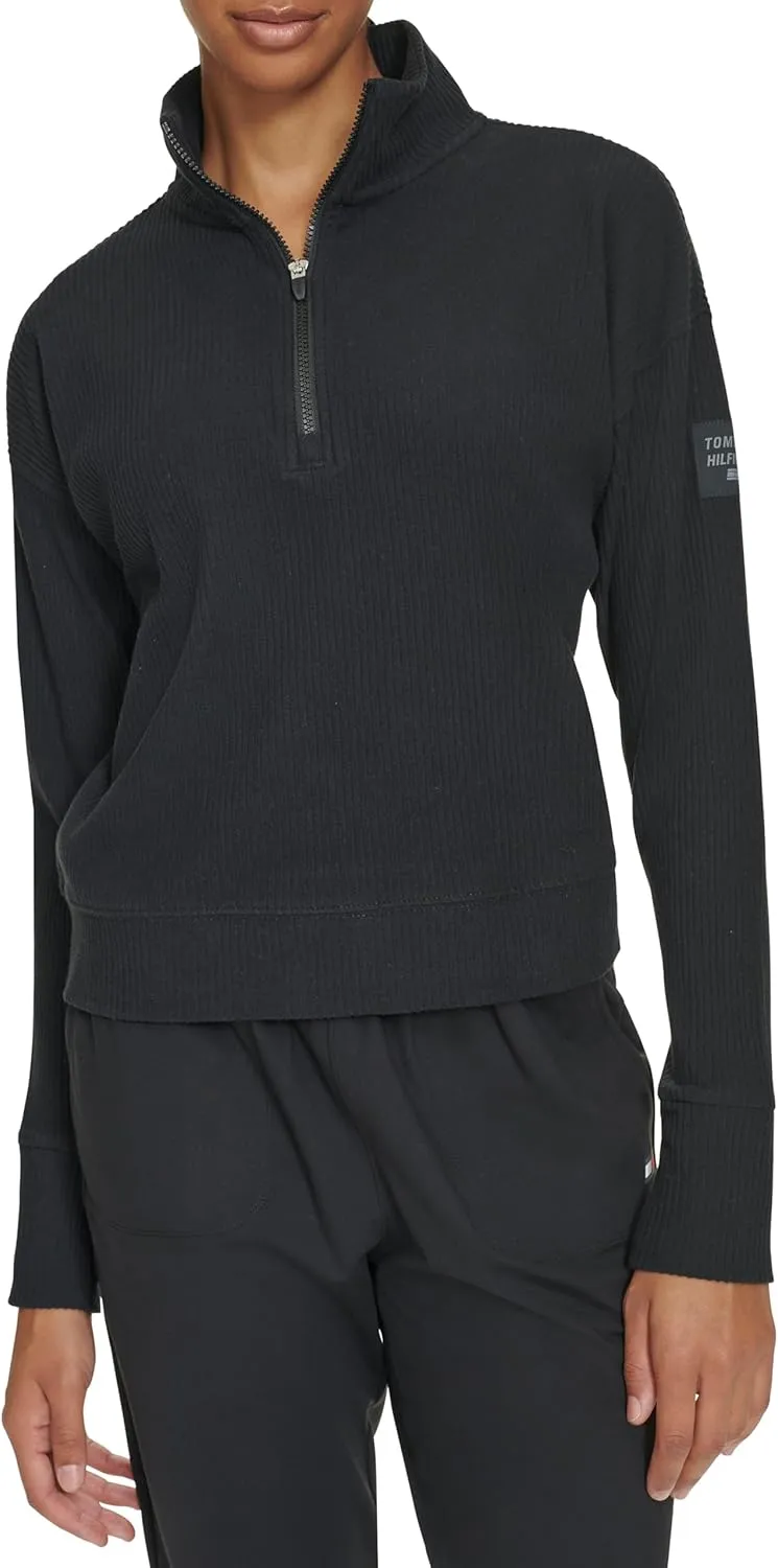 Tommy Hilfiger Women's Thumbhole Cuffs Stand Collar with Half Zip Detail Brushed Rib Mock Neck Pullover