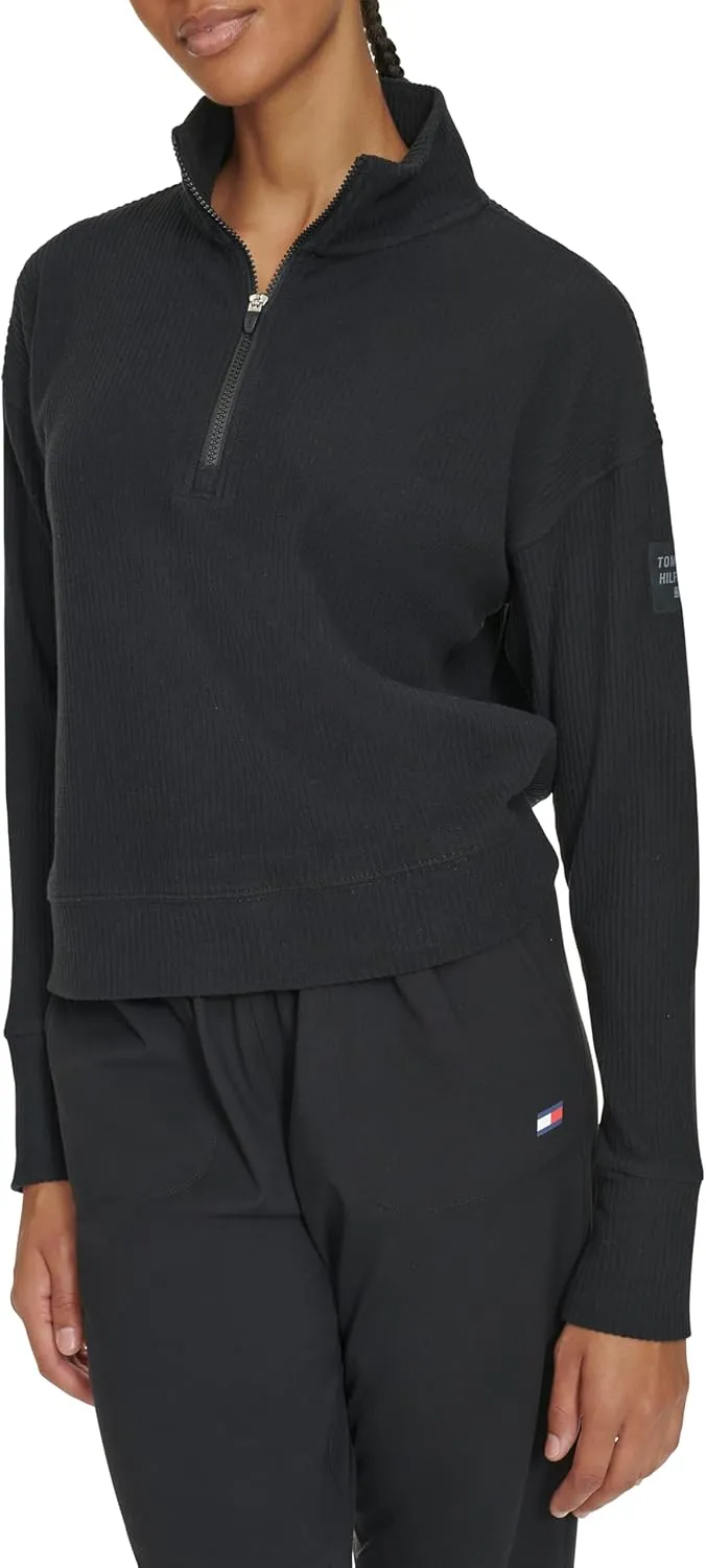 Tommy Hilfiger Women's Thumbhole Cuffs Stand Collar with Half Zip Detail Brushed Rib Mock Neck Pullover