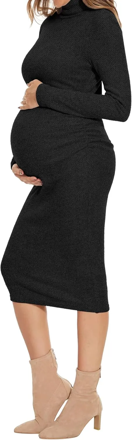 Turtleneck Ribbed Maternity Dress/Ruched Knit Sweater Bodycon Pregnancy Dress Casual Wear Baby Shower