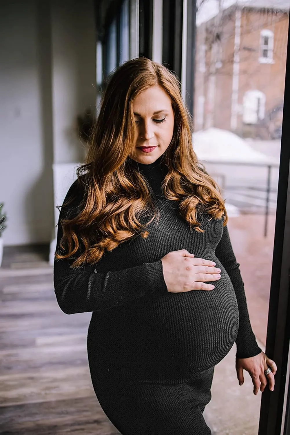 Turtleneck Ribbed Maternity Dress/Ruched Knit Sweater Bodycon Pregnancy Dress Casual Wear Baby Shower