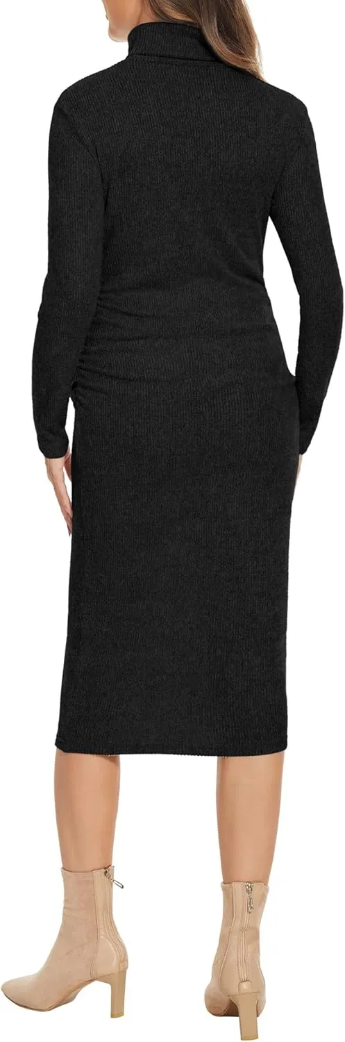 Turtleneck Ribbed Maternity Dress/Ruched Knit Sweater Bodycon Pregnancy Dress Casual Wear Baby Shower
