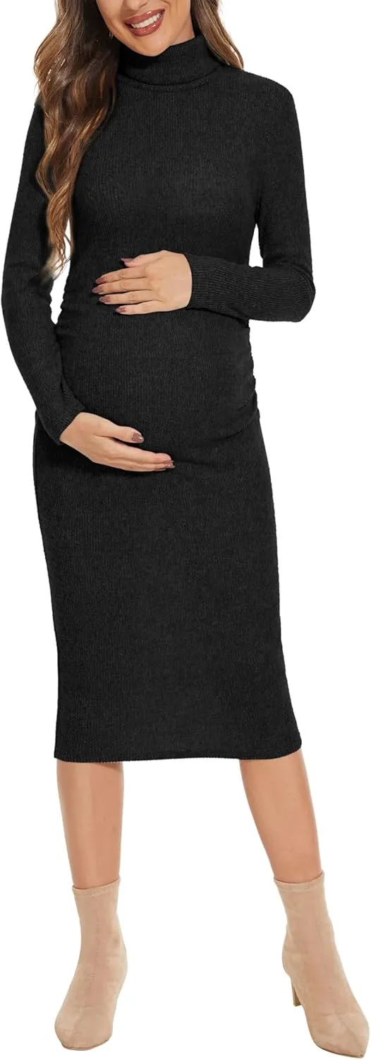 Turtleneck Ribbed Maternity Dress/Ruched Knit Sweater Bodycon Pregnancy Dress Casual Wear Baby Shower