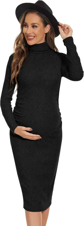Turtleneck Ribbed Maternity Dress/Ruched Knit Sweater Bodycon Pregnancy Dress Casual Wear Baby Shower