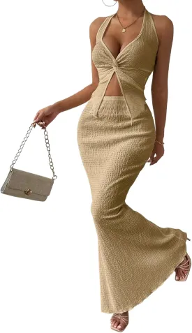 Two Piece Skirt Outfits for Women Twist Halter Crop Top and Maxi Skirt Sets 2 Piece Summer Vacation Set