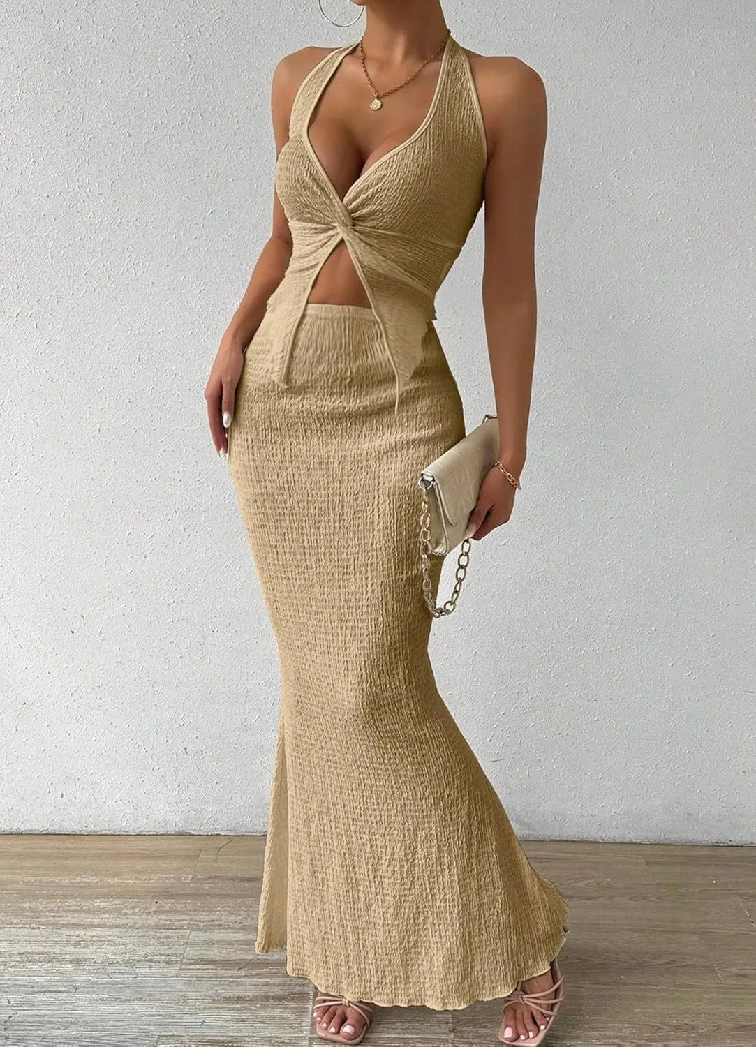 Two Piece Skirt Outfits for Women Twist Halter Crop Top and Maxi Skirt Sets 2 Piece Summer Vacation Set