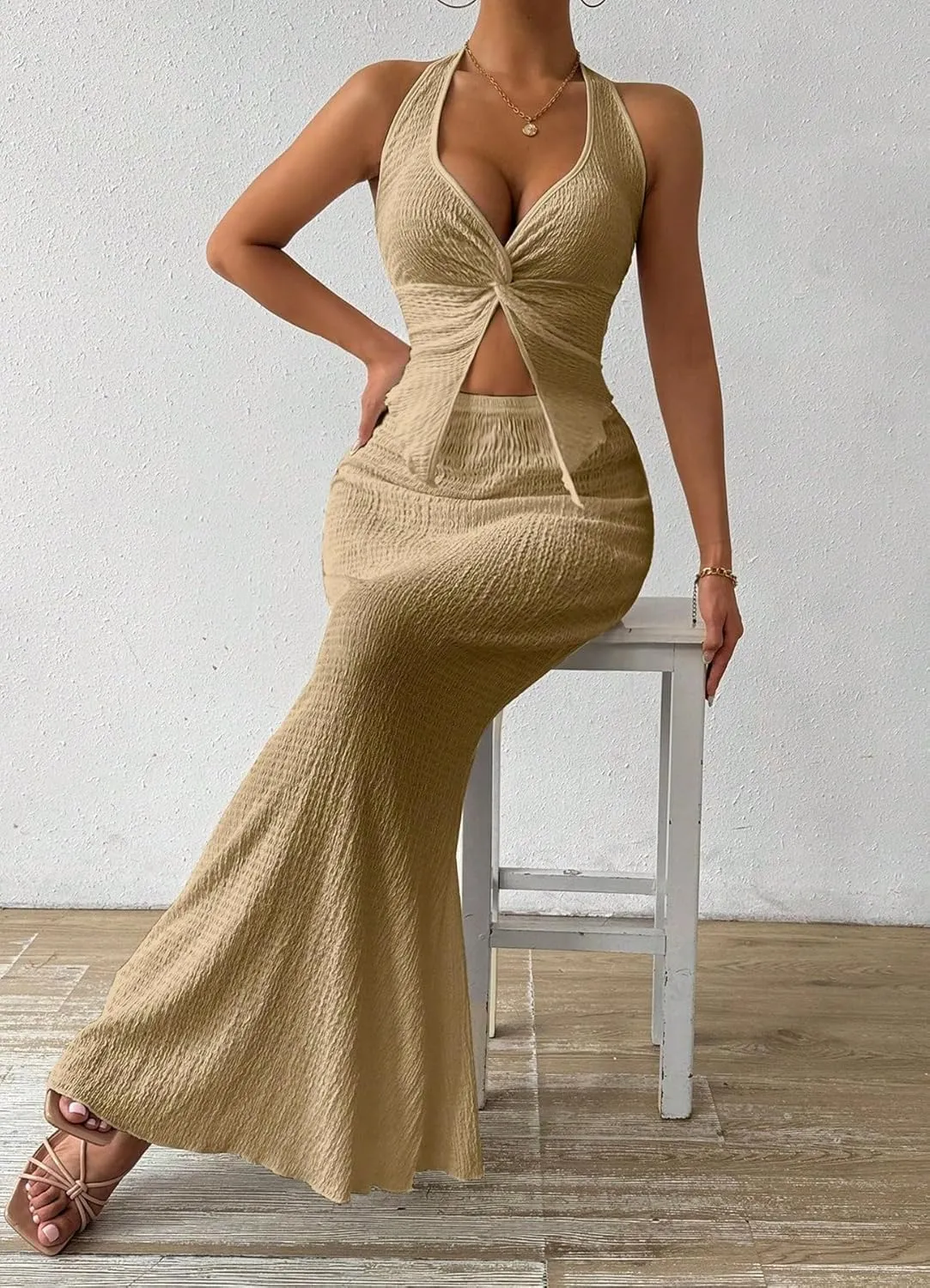 Two Piece Skirt Outfits for Women Twist Halter Crop Top and Maxi Skirt Sets 2 Piece Summer Vacation Set