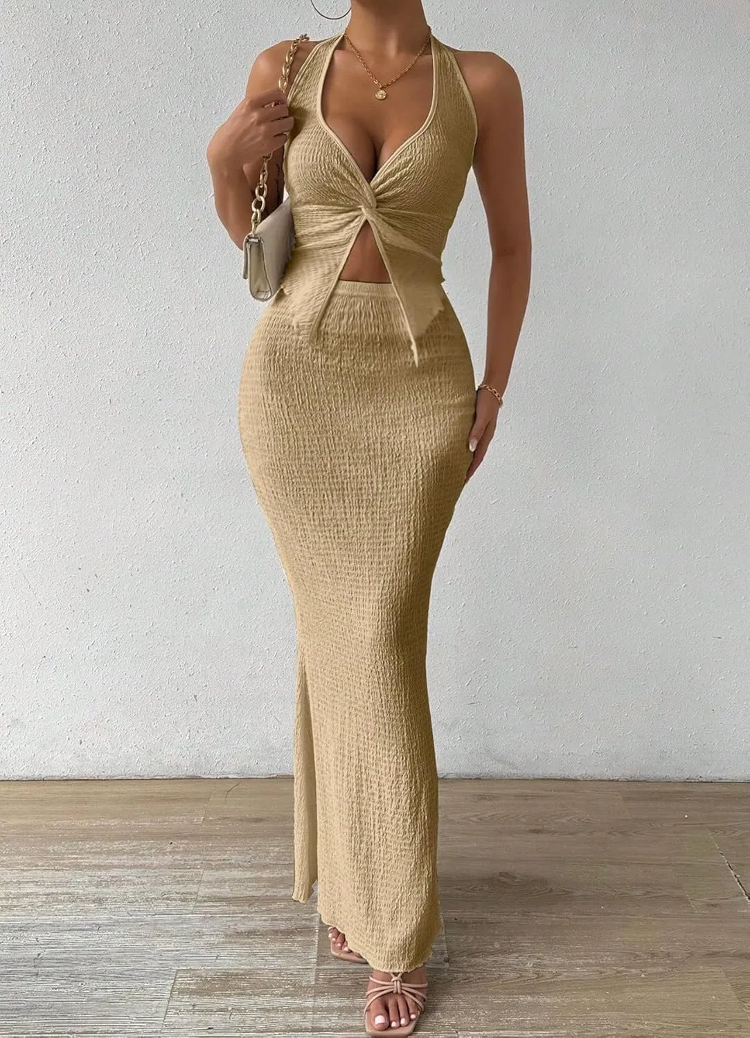 Two Piece Skirt Outfits for Women Twist Halter Crop Top and Maxi Skirt Sets 2 Piece Summer Vacation Set