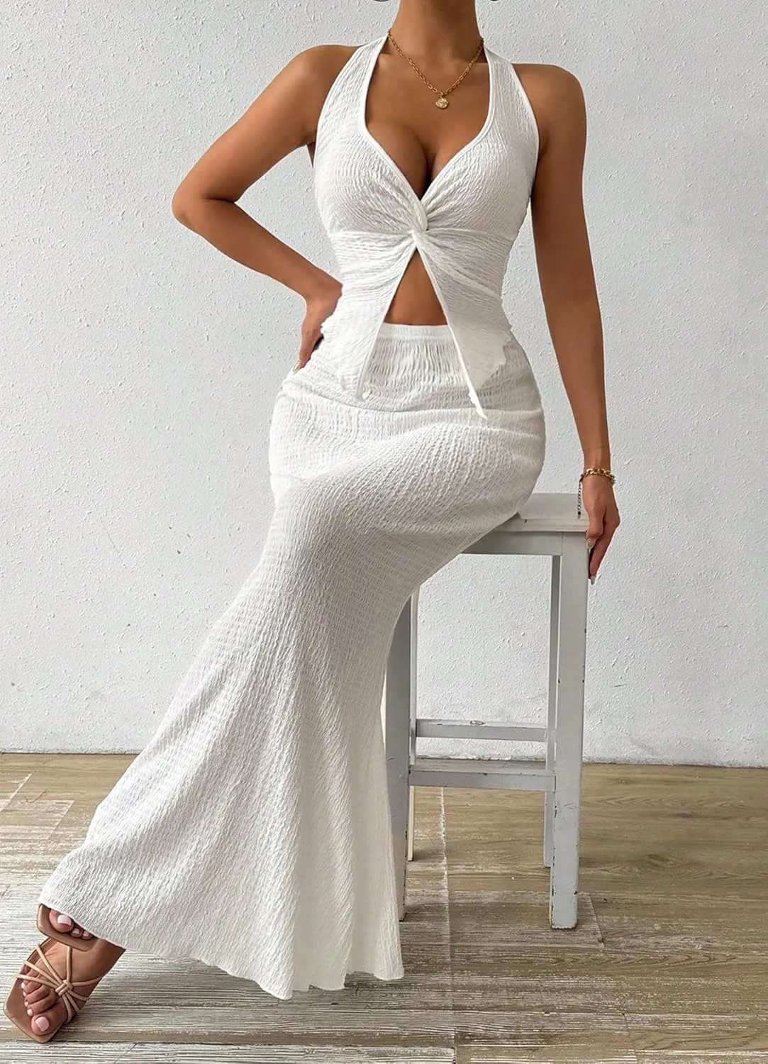Two Piece Skirt Outfits for Women Twist Halter Crop Top and Maxi Skirt Sets 2 Piece Summer Vacation Set