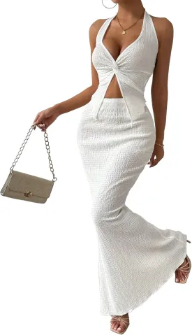 Two Piece Skirt Outfits for Women Twist Halter Crop Top and Maxi Skirt Sets 2 Piece Summer Vacation Set
